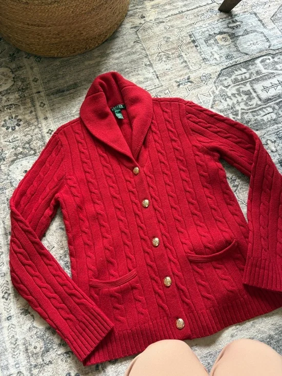 Vintage Ralph Lauren red cable knit wool rabbit hair cardigan size M - Picture 7 of 8
